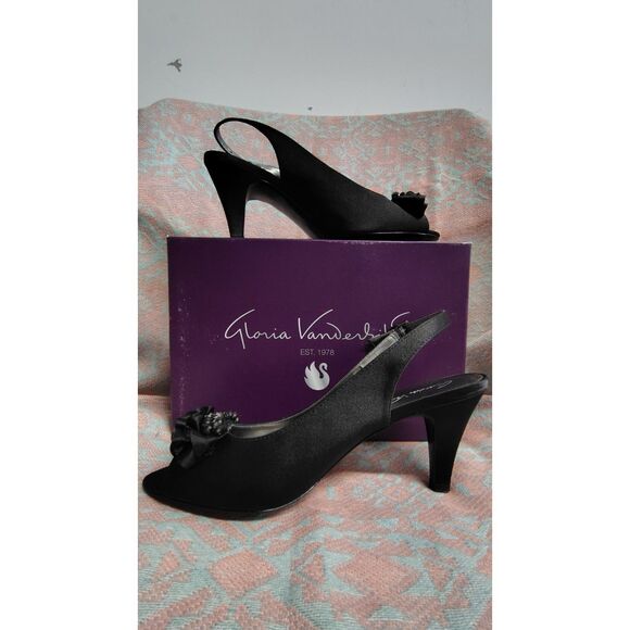 Gloria Vanderbilt Women's Black Open Toe Sling Back Ribbon Sparkle Heels 9M - Picture 1 of 8